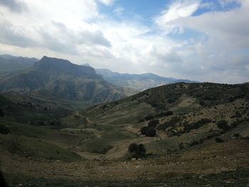 Bratuful landscape of the countryside of guelma, algeria with cloudy sky and green trees and grass