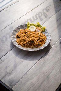 High angle view of food in plate on table