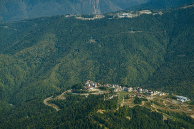 High angle view of village on mountain