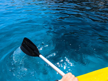 Close-up of person kayaking in sea