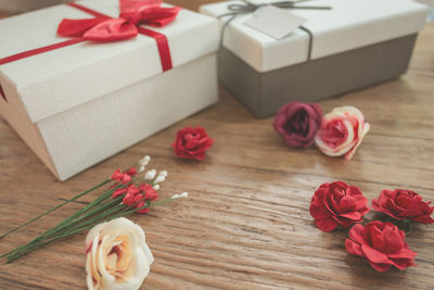 High angle view of roses on table