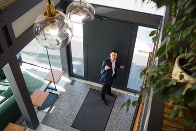 High angle view of businessman at home