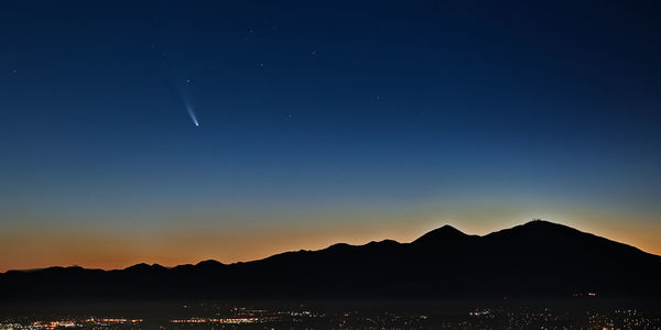 Scenic view of silhouette mountains against clear sky at sunset