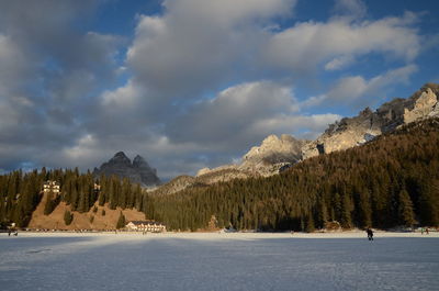 Scenic view of mountains against sky during winter