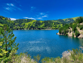 Scenic view of lake against blue sky