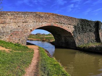 Arch bridge over river against sky