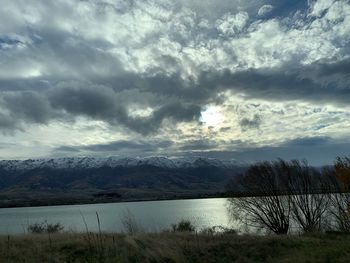 Scenic view of lake and mountains against sky