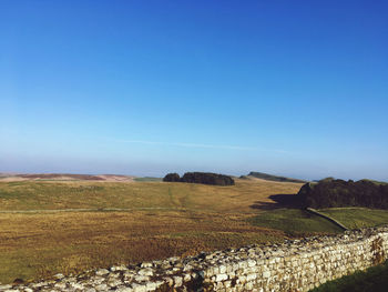 Scenic view of landscape against clear blue sky