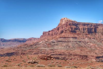 Scenic view of rocky mountains against clear blue sky