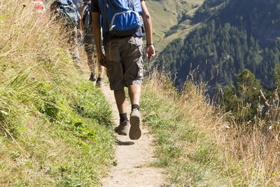 Rear view of boy walking on trail leading towards mountain