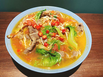 High angle view of soup in bowl on table