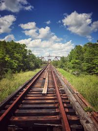 Railroad tracks amidst trees against sky