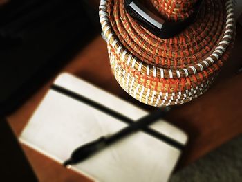 High angle view of camera on table