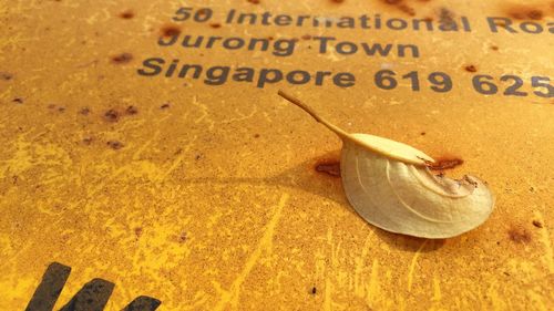 High angle view of text on sand