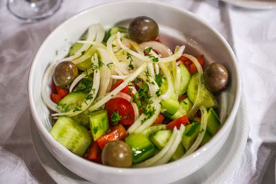 High angle view of salad in bowl on table