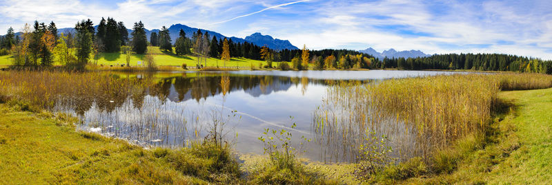 Scenic view of lake by trees against sky