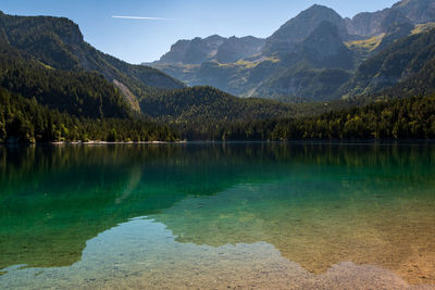 Scenic view of lake and mountains against sky