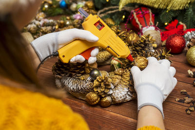 Close-up of christmas decorations on table