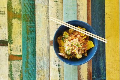 High angle view of food in bowl on table