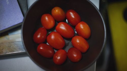 High angle view of tomatoes in bowl