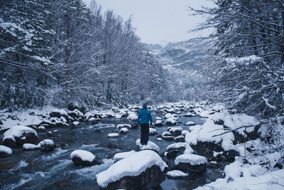 Rear view of person standing on snow covered land