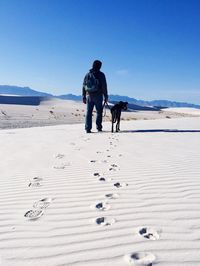 Rear view of man with dog in the desert