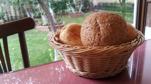 Close-up of bread in basket on table