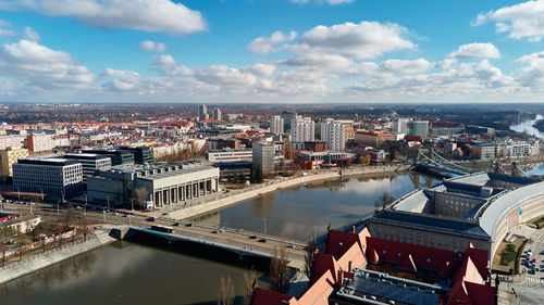 Wroclaw panorama with car bridge over odra river, aerial view