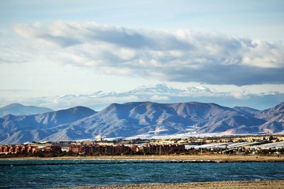 Scenic view of mountains against cloudy sky