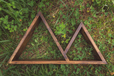 High angle view of wood on field