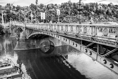 Bridge over river against trees