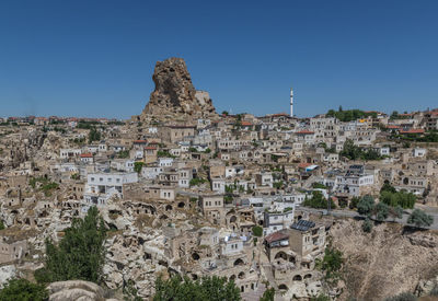 Aerial view of old town against clear blue sky