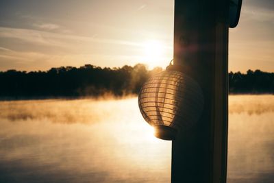 Close-up of tree by lake against sky during sunset