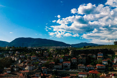 High angle shot of townscape against sky