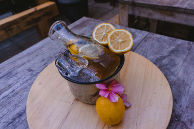 High angle view of drink on table