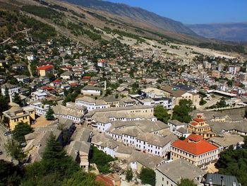 High angle view of townscape against buildings in gjirokaster town in albania