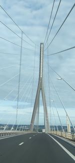 View of suspension bridge against cloudy sky