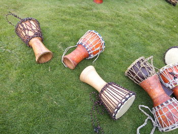 High angle view of drums on field