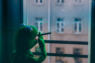 Close-up of person holding cigarette in glass window