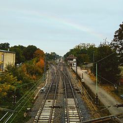 Railway tracks amidst trees against sky