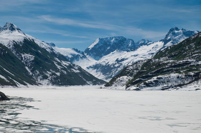 Scenic view of snowcapped mountains against sky