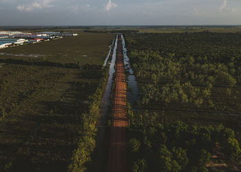 High angle view of land against sky