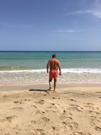 Rear view of shirtless man on beach