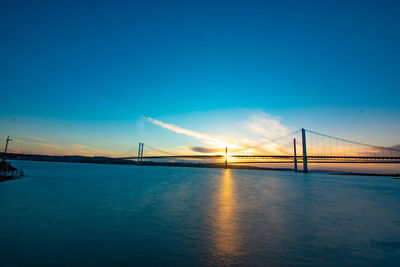 Suspension bridge over river against clear blue sky