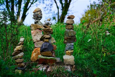 Stack of stones on field