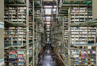 Man reading book in library