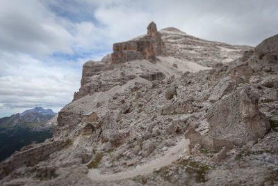 View of rock formations against cloudy sky