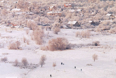 Aerial view of snow covered landscape