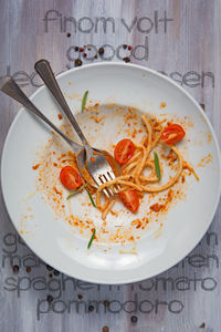 High angle view of food in plate on table