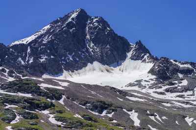 Scenic view of snowcapped mountains against clear sky